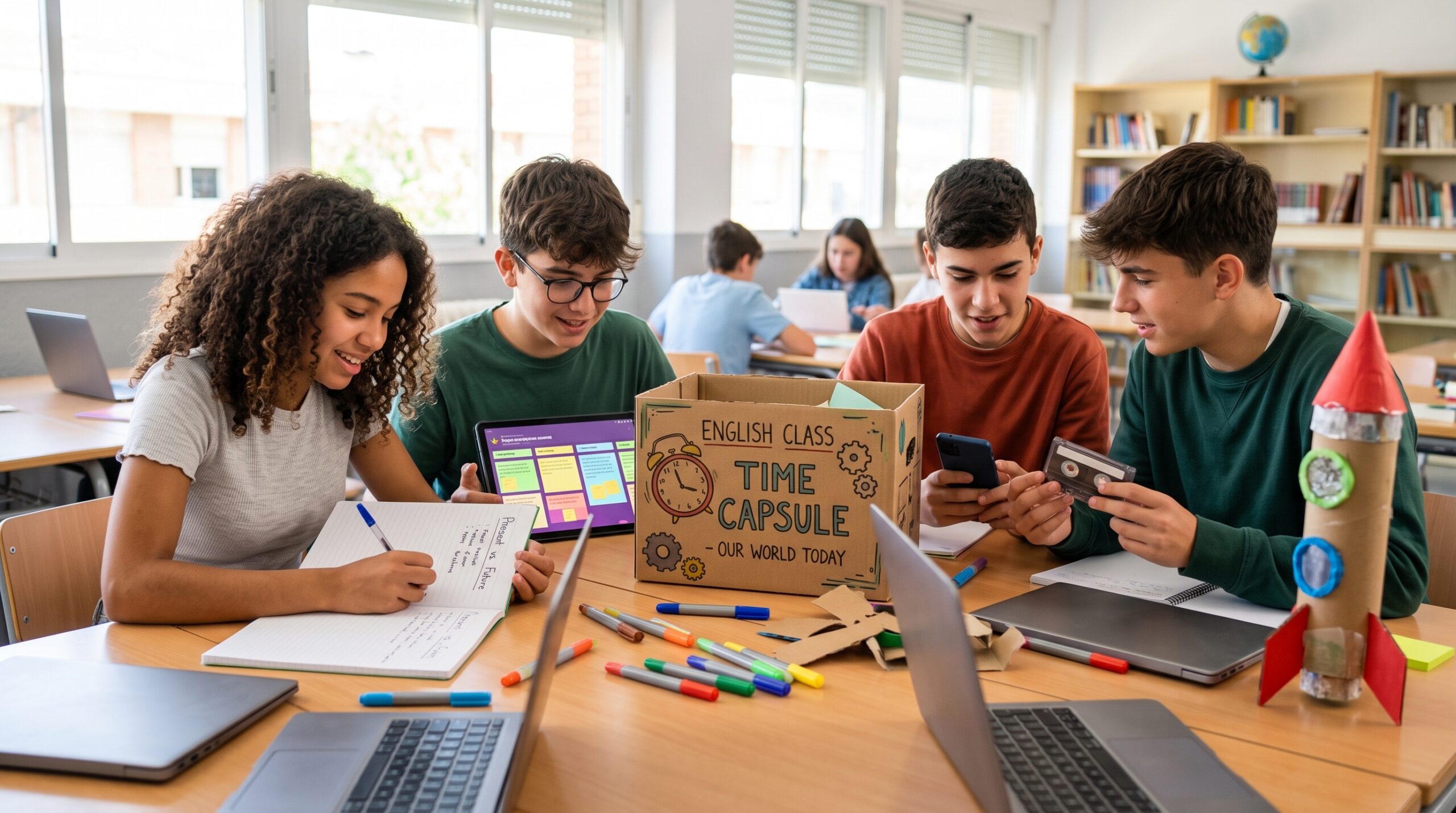 Alumnos de secundaria trabajando en equipo en un proyecto de aula de inglés, con materiales sobre la mesa