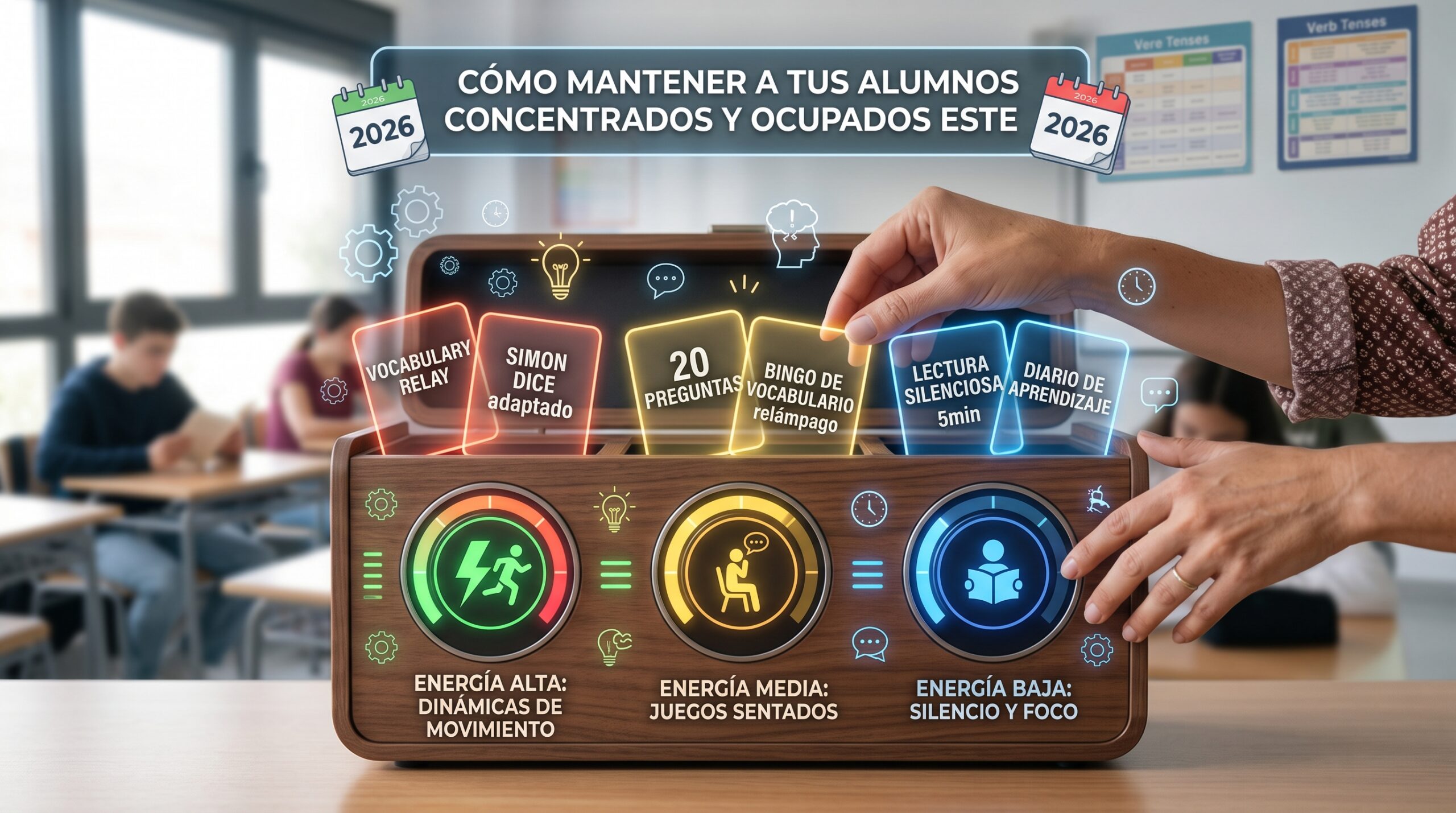 Kit de recursos y actividades impresas por niveles de energía en un aula escolar.