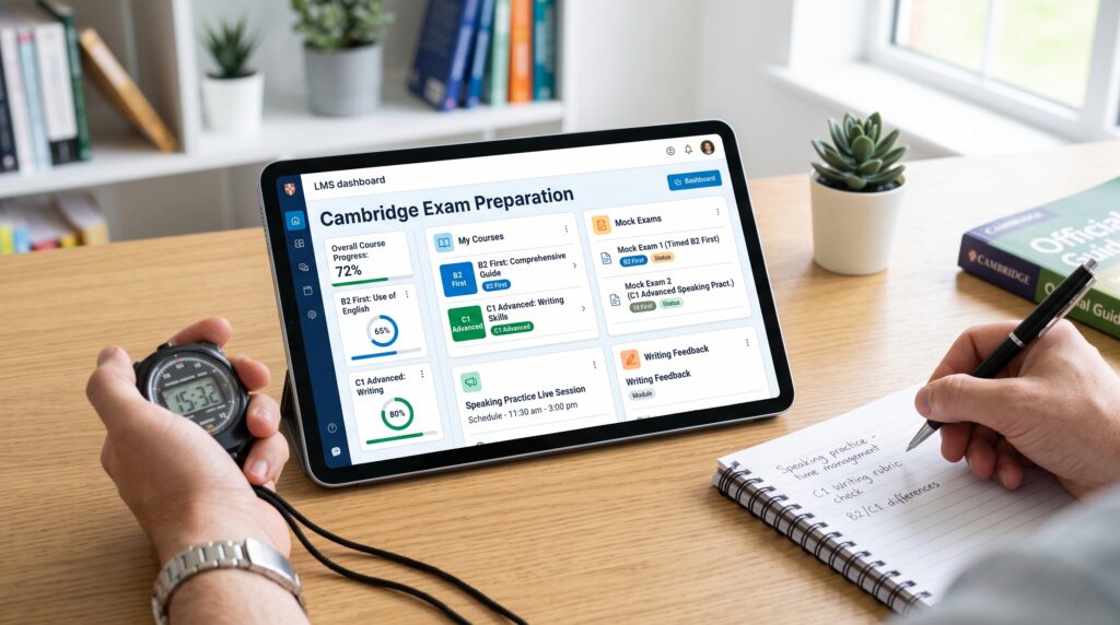 Tablet con un examen de Cambridge en formato digital junto a materiales de estudio en papel