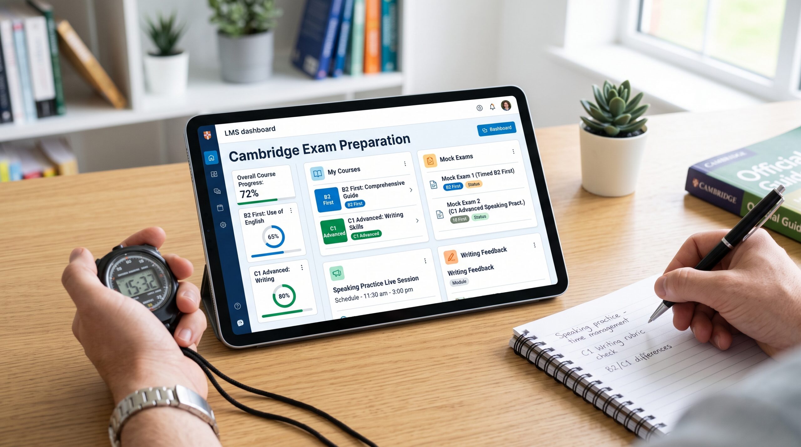 Tablet con un examen de Cambridge en formato digital junto a materiales de estudio en papel